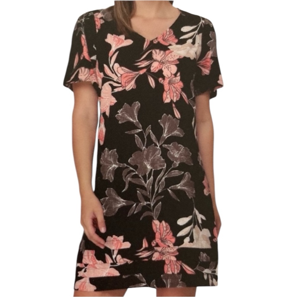 Nicole Miller Original Short Sleeve Floral Black Linen Blend Mini Dress Sz S
